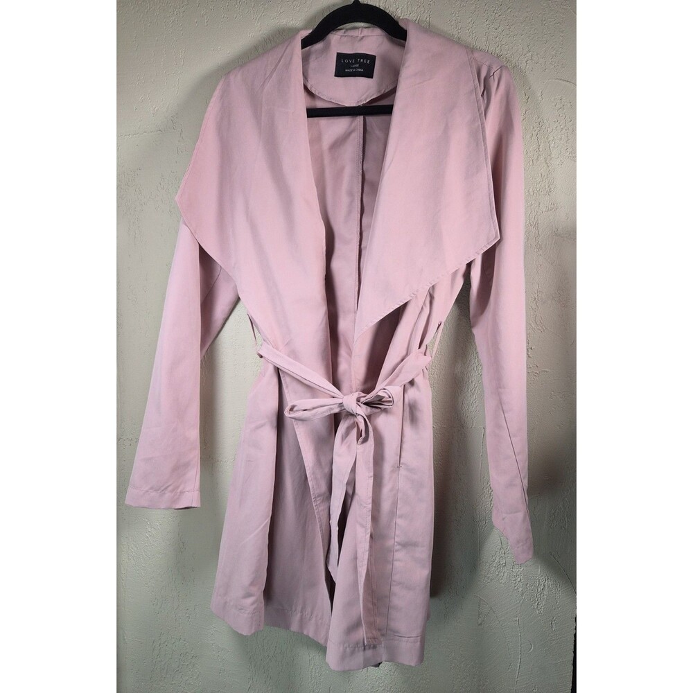 Love Tree Blush Pink Trench Coat Jacket Womens Large Belted Lightweight Pockets